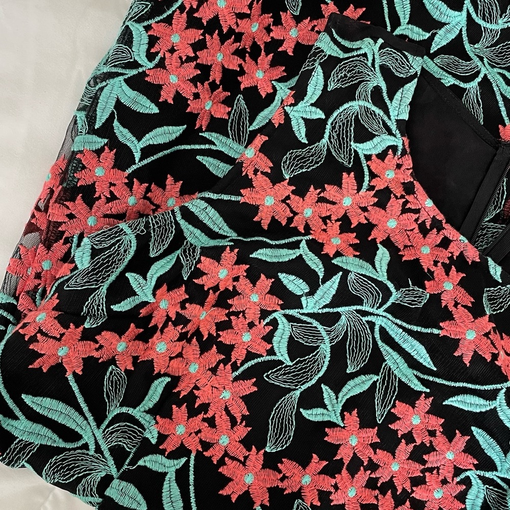 Forever 21 Black and Coral Orange Embroidered Fit and Flare Dress